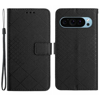 HT06 For Google Pixel 10 Pro XL / 9 Pro XL Case PU Leather Rhombus Pattern Wallet Phone Cover - Black