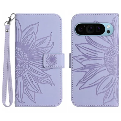 HT04 For Google Pixel 10 Pro XL / 9 Pro XL Sunflower Case with Strap Wallet Leather Phone Cover - Light Purple