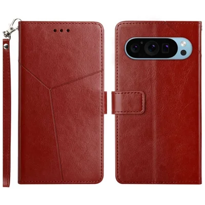 For Google Pixel 10 Pro XL / 9 Pro XL Case with Wrist Strap Y Shaped Lines Imprint Leather Phone Cover - Brown