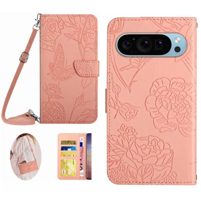 HT03 For Google Pixel 10 Pro XL / 9 Pro XL Case Flower Imprinted Leather Skin-Touch Phone Cover - Pink