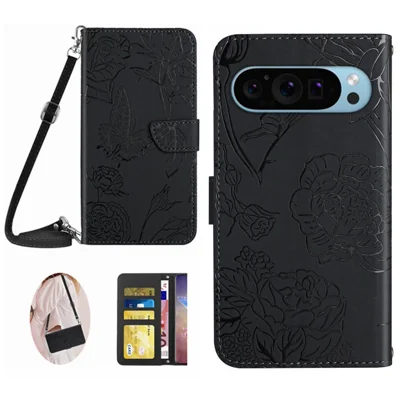 HT03 For Google Pixel 10 Pro / 10 / 9 / 9 Pro Case Imprinted Leather Wallet Phone Cover with Shoulder Strap - Black