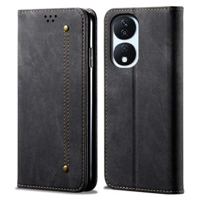 For Honor Play 8T 5G / X7b 4G / 90 Smart Case PU Leather Jeans Cloth Texture Stand View Phone Cover - Black