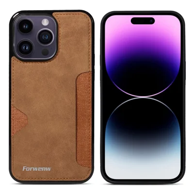 FORWENW F5 Series For iPhone 15 Pro Case Card Holder Leather+TPU Phone Cover - Brown