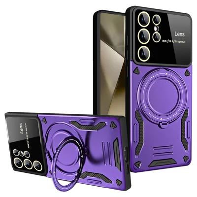 For Samsung Galaxy S24 Ultra Case PC+TPU Magnetic Phone Cover with Rotating Kickstand - Purple