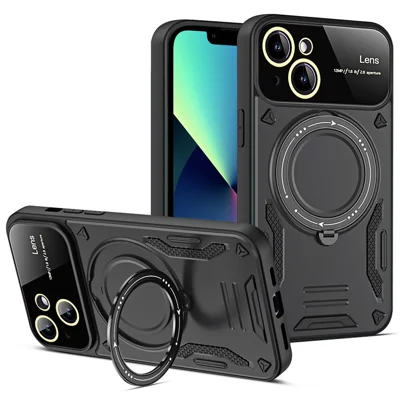 For iPhone 13 Phone Case Compatible with MagSafe PC+TPU Cover Rotary Kickstand - Black