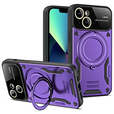 For iPhone 13 Phone Case Compatible with MagSafe PC+TPU Cover Rotary Kickstand - Purple