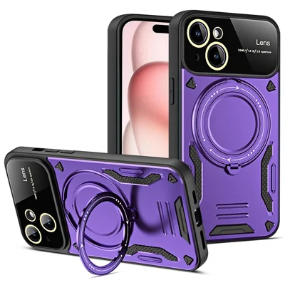 For iPhone 15 Case Compatible with MagSafe Kickstand PC+TPU Magnetic Cover - Purple