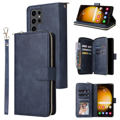 For Samsung Galaxy S24 Ultra Wallet Phone Case Card Slots Zipper Leather Flip Cover - Blue