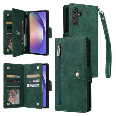 For Samsung Galaxy A55 5G Zipper Wallet Case Rivet Decor Leather Flip Phone Cover - Green