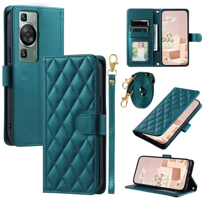 For Huawei P60 / P60 Pro Wallet Case Leather Phone Cover Rhombus Grid Pattern - Green