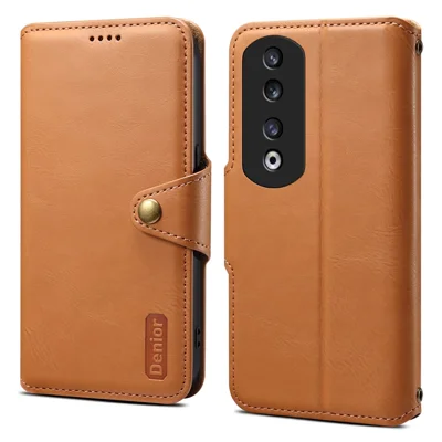 DENIOR For Honor 90 Pro Leather Case Wallet Cowhide Texture Phone Cover - Khaki