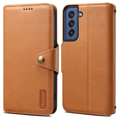 DENIOR For Samsung Galaxy S21 FE 5G Case Cowhide Texture Wallet Stand Leather Flip Cover - Khaki