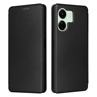 For Xiaomi Redmi 13C 5G / 13R 5G / Poco M6 5G Case PU Leather Carbon Fiber Texture Phone Cover - Black