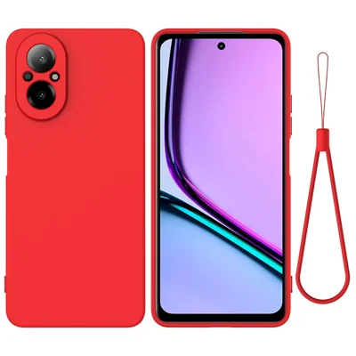 For Realme C67 4G Case Liquid Silicone Fiber Lining Protective Phone Cover with Strap - Red