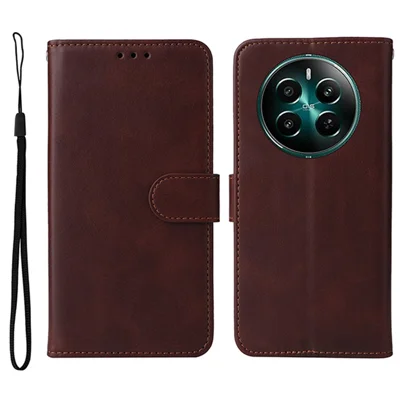 For Realme 12 4G / 12+ 5G Case Viewing Stand 3 Card Holder PU Leather Phone Cover - Brown