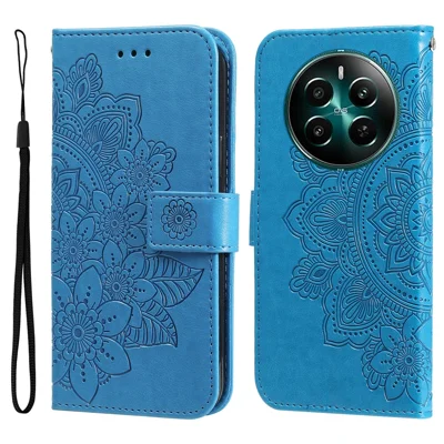 For Realme 12 4G / 12+ 5G Case Floral Pattern PU Leather Wallet Stand Phone Cover - Blue