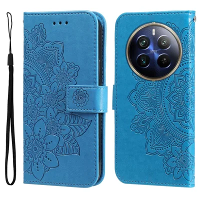 Til Realme 12 Pro 5G / 12 Pro+ 5G Etui med blomstermønster i PU-læder, wallet, stand, telefonbeskyttelse - Blå