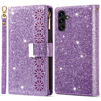 For Samsung Galaxy A24 4G (162.1 x 77.6 x 8.3mm) Case Wallet Starry Sky Carving Leather Cover - Purple