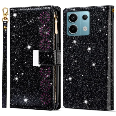 For Xiaomi Redmi Note 13 Pro 5G / Poco X6 5G Case Leather Phone Cover Glitter Surface - Black