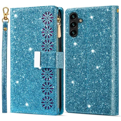 For Samsung Galaxy A15 4G / 5G Case Zipper Pocket PU Leather Wallet Glittery Phone Cover - Blue