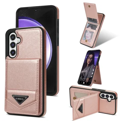 N.BEKUS For Samsung Galaxy S23 FE Case Leather Coated TPU Cover with Card Holder Kickstand - Pink
