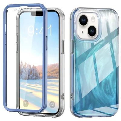 PC+TPU Case for iPhone 14 Shell Gradient Feather Pattern Phone Cover with PET Screen Film - Blue