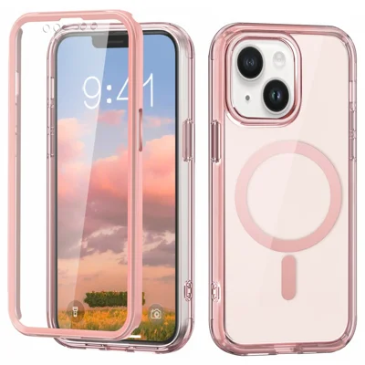 For iPhone 14 Case Compatible with MagSafe PC + TPU Clear Phone Cover with PET Screen Film - Pink