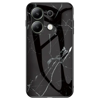 For Xiaomi Redmi Note 13 4G Anti-Drop Phone Cover Tempered Glass Case Marble Pattern Phone Shell - Black Marble