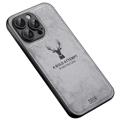 For iPhone 13 Pro Max Phone Case PU Leather Coated PC+TPU Deer Pattern Cover - Grey