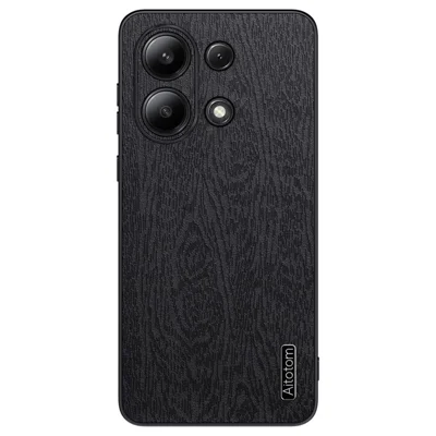 For Xiaomi Redmi Note 13 4G Case Wood Texture Leather Coated PC+TPU Phone Cover - Black