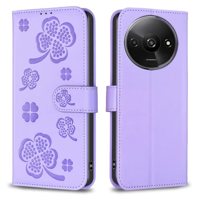 For Xiaomi Redmi A3 4G / Poco C61 4G Case Lucky Clover Leather Flip Phone Cover - Purple