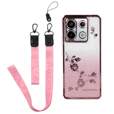 KADEM For Xiaomi Redmi Note 13 Pro 5G / Poco X6 5G Case Flower Pattern TPU Cover with Lanyard - Rose Gold