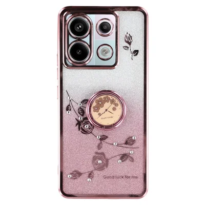 KADEM For Xiaomi Redmi Note 13 Pro 5G / Poco X6 5G Case Rhinestone Flower Ring Kickstand TPU Phone Cover - Rose Gold