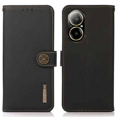 KHAZNEH For Realme C67 4G Phone Case RFID Blocking Genuine Cow Leather Flip Cover - Black