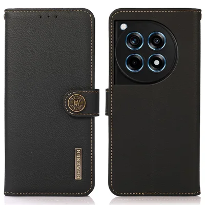KHAZNEH For OnePlus Ace 3 5G / 12R 5G Cell Phone Case Genuine Cow Leather RFID Blocking Cover - Black