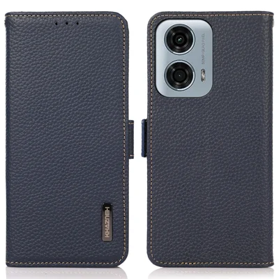 KHAZNEH For Motorola Moto E14 4G / G04 4G / G04s 4G / G24 4G Case with RFID Blocking Genuine Cow Leather Phone Cover - Blue
