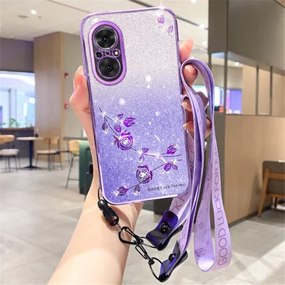 KADEM For Realme C67 4G Case TPU Phone Cover Rhinestone Flower Phone Protector with Lanyard - Purple