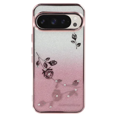 KADEM For Google Pixel 9 Pro Case TPU Cover Rhinestone Flower Phone Protector Gradient Color Design - Rose Gold