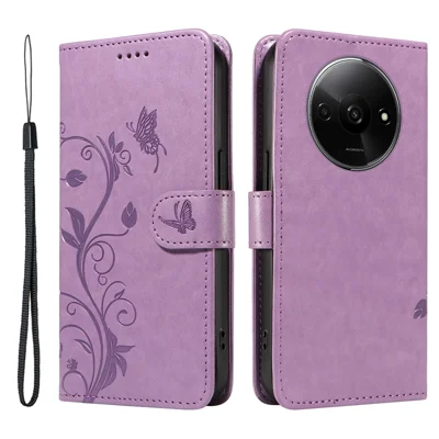 For Xiaomi Redmi A3 / Poco C61 4G PU Leather Cases Flower Pattern Wallet Stand Phone Cover with Strap - Purple