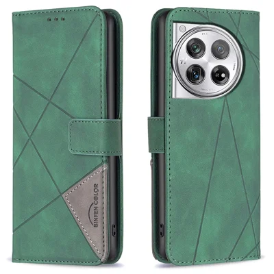 BINFEN COLOR For OnePlus 12R 5G / Ace 3 5G Phone Cases Wallet Stand Geometry Imprint Leather Cover - Green