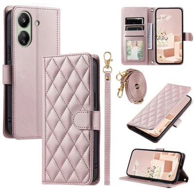 For Xiaomi Redmi 13C 4G / Poco C65 4G Case Wallet Rhombus Grid Pattern Phone Cover with Hand Strap - Rose Gold