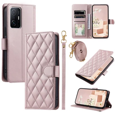 For Xiaomi 11T / 11T Pro Leather Case Wallet Card Holder Phone Cover with Shoulder Strap - Rose Gold