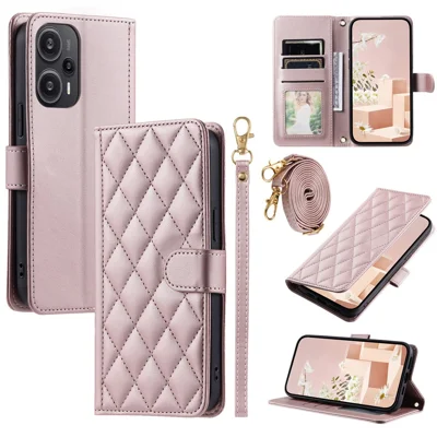 For Xiaomi Poco F5 5G / Redmi Note 12 Turbo Magnetic Case Rhombus Grid Leather Cover with Wrist Strap - Rose Gold