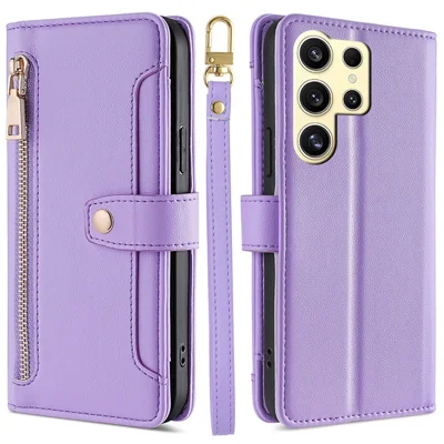 For Samsung Galaxy S24 Ultra Cell Phone Case Magnetic Leather Wallet Card Holder Phone Cover with 2 Straps - Purple