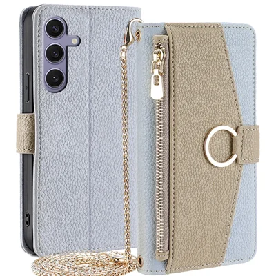 For Samsung Galaxy S24+ Zipper Pocket Phone Cover Crossbody Case with Makeup Mirror - Blue