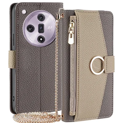 For Oppo Find X7 5G Cell Phone Case Zipper Pocket Crossbody Cover with Makeup Mirror - Grey