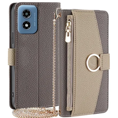 For Motorola Moto G Play (2024) 4G Makeup Mirror Zipper Pocket Phone Cover Drop Proof Case with Shoulder Strap - Grey
