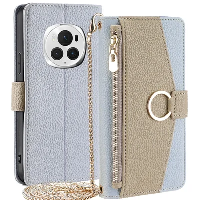 For Honor Magic6 Pro 5G Wallet Case Makeup Mirror PU Leather Phone Cover with Crossbody Strap - Blue