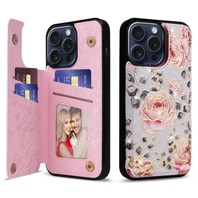 Voor iPhone 15 Pro hoesje met standaard en valbescherming Stootbestendig telefoonhoesje - Roze