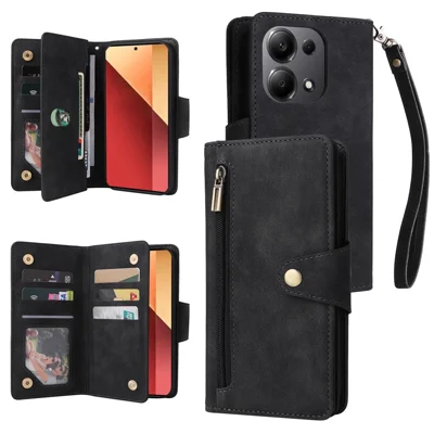 For Xiaomi Redmi Note 13 Pro 4G / Poco M6 Pro 4G Case Leather Wallet Phone Cover Rivet Decor - Black